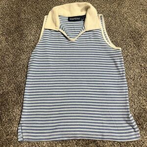 Vintage Y2K Aeropostale Blue and White Striped Collared Sleeveless Shirt Small